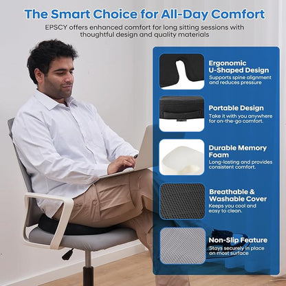 EPSCY Memory Foam U-Shaped Cushion for Coccyx, Hemorrhoid, Sciatica & Tailbone Pain Relief - Pressure Reducing Seat Cushion with Removable Cover - Postpartum Pillow for Office Chair, Wheelchair, Black