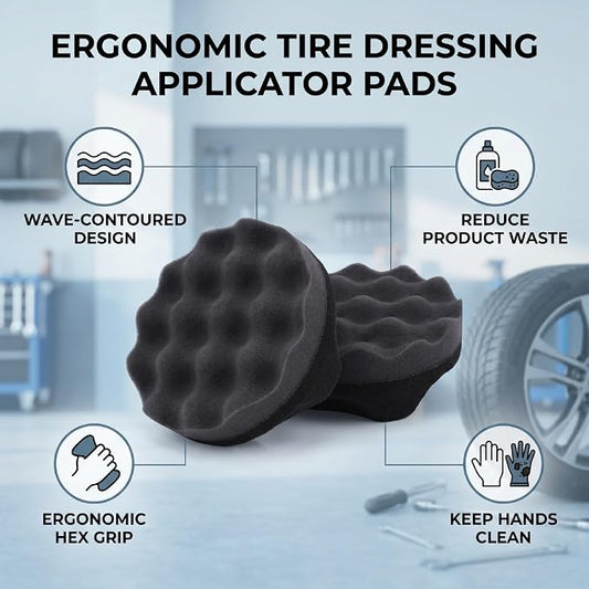 2PCS Tire Dressing Applicator Sponge, Wave Contoured Wheel Tire Detailing Applicator, Reusable Hex Grip Dressing Pad for Car Protection & Shine, Black (Large)