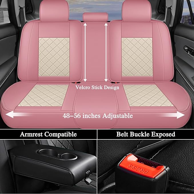 otoez Pink Car Seat Covers Full Set, Universal Leather Seat Cover 5 Seat Waterproof & Breathable Automotive Seat Protector Full Coverage for Cars Sedens, Trucks, SUVs, Vans (Pink & White)