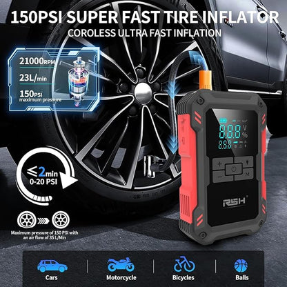 Car Jump Starter with Air Compressor 4000A Peak Battery Jump Starter 14.8V,150PSI Inflator Auto Booster 15000MA Jump Box (up to 10L Gas,8L Diesel Engine),LED Light with Quick Charger USB & Type C