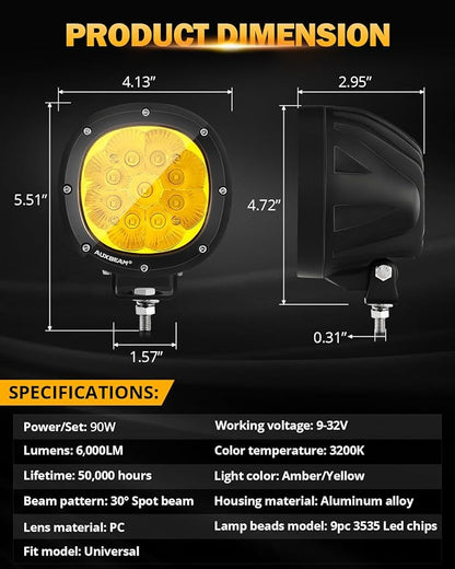 Auxbeam 4In 90W Amber Round Led Offroad Lights 2PCS 9000LM Amber Fog Super Bright Driving Light with Wiring Harness Kit Spot Beam Pod Light for Truck SUV ATV UTV Jeep Wrangler Motorcycle