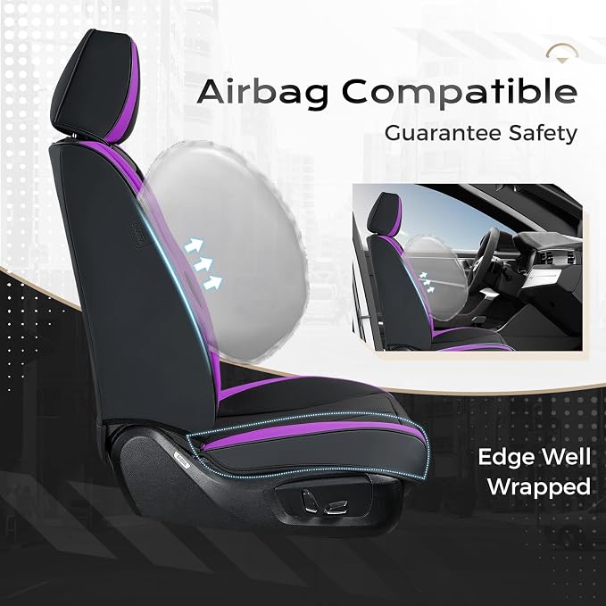 Coverado Car Seat Covers Front Seats, 2 Pack Nappa Leather Seat Covers for Cars, Waterproof Car Seat Protector with Lumbar Support, Front Seat Covers Universal Fit for Most Cars (Black&Purple)