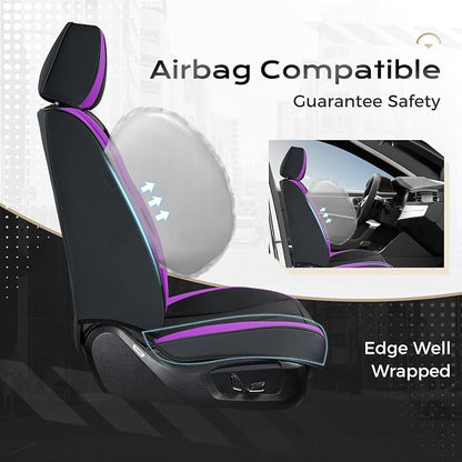 Coverado Car Seat Covers Front Seats, 2 Pack Nappa Leather Seat Covers for Cars, Waterproof Car Seat Protector with Lumbar Support, Front Seat Covers Universal Fit for Most Cars (Black&Purple)