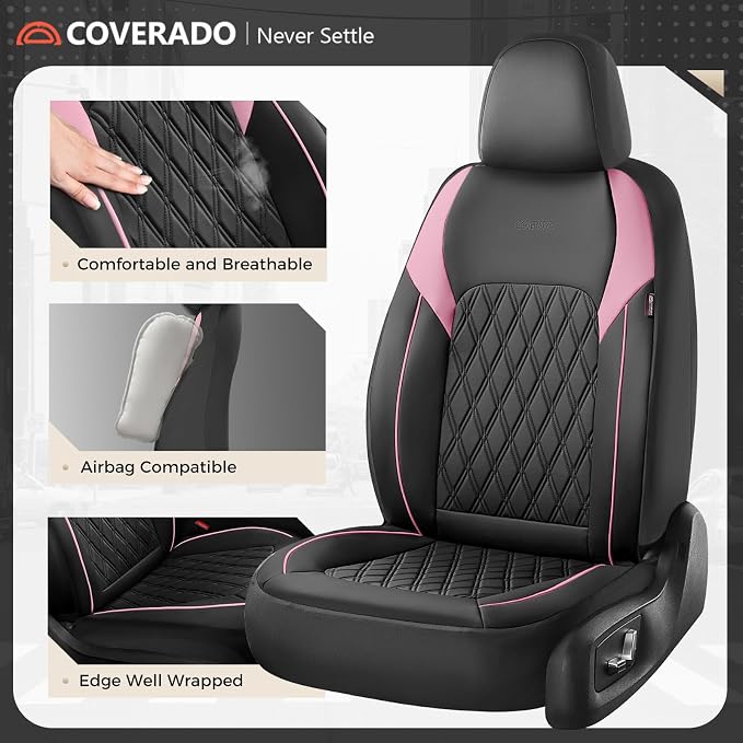 Coverado Leather Seat Covers, Waterproof Car Seat Covers Front Seats, Luxury Front Car Seat Covers Faux Leather Car Seat Protector, Automotive Car Seat Covers Universal Fit Most Cars Truck, Black&Pink