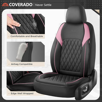 Coverado Leather Seat Covers, Waterproof Car Seat Covers Front Seats, Luxury Front Car Seat Covers Faux Leather Car Seat Protector, Automotive Car Seat Covers Universal Fit Most Cars Truck, Black&Pink