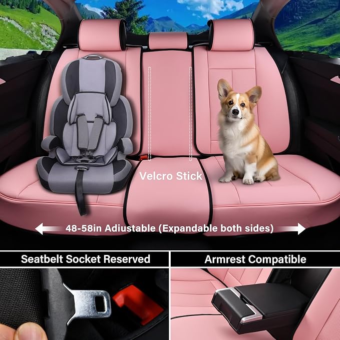 Coverado Car Seat Covers Full Set, Seat Covers for Cars, Pink Car Seat Protector Waterproof, Nappa Leather Car Seat Cushion, Car Seat Covers Front Seats and Back Fit for Most Cars