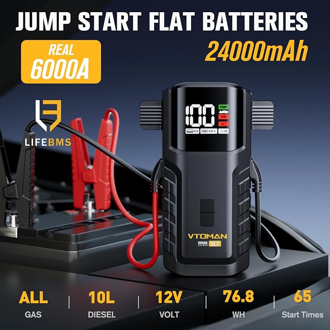 VTOMAN VL7 6000A Jump Starter Upgraded with LiFePO4 Battery,24000mAh Portable Car Battery Booster (All Gas/10L Diesel),12V Jump Box Power Pack with USB-A,Type-C & DC Output,LED Light,EVA Bag