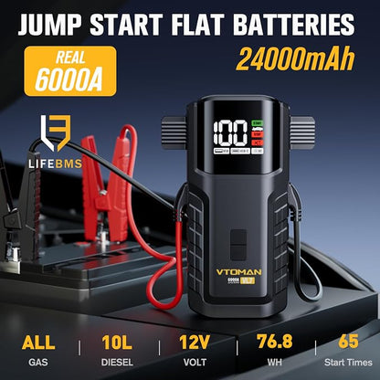 VTOMAN VL7 6000A Jump Starter Upgraded with LiFePO4 Battery,24000mAh Portable Car Battery Booster (All Gas/10L Diesel),12V Jump Box Power Pack with USB-A,Type-C & DC Output,LED Light,EVA Bag