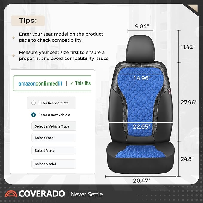 Coverado Seat Covers Full Set, Luxury Diamond Leather Car Seat Cover with Carbon Fiber Textured Design, Waterproof Car Seat Protector, Black&Blue Front and Rear Seat Covers Universal Fit Most Cars
