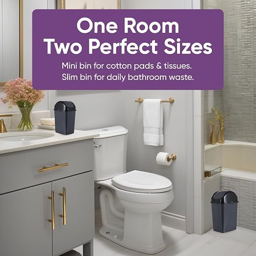 Superio Mini 1.25 Gallon and Small 2.5 Gallon Plastic Trash Cans with Swing Top Lid, Grey Waste Bin for Countertop, Desk, Vanity, Bathroom, 2 Pack (Grey)