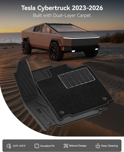 3W Floor Mats with Carpet & Cargo Liner for Tesla Cybertruck 2023 2024 2025 2026, All Weather Waterproof Heavy Duty Accessories Custom Fit Automotive Double Layer Floor Liners & Sub Storage Trunk Mat