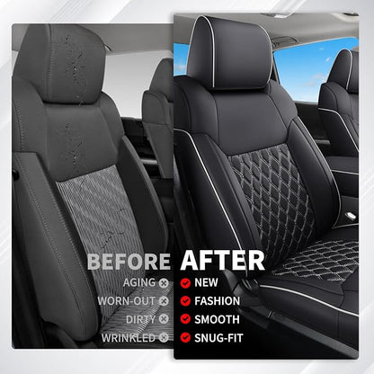 Huidasource Tacoma Front&Back Seat Covers Full Set, Automotive Leather Car Seat Cushion Cover Fit for 2005-2015 Double&Crew Cab 2nd Gen Toyota Tacoma Base SR5 Limited TRD Sport(Full Set/Black&White)