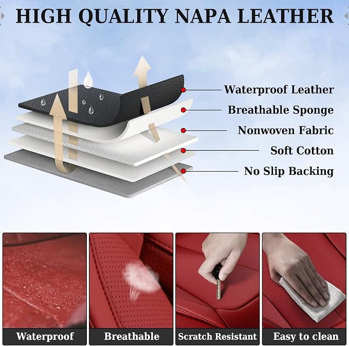 Coverado Universal Seat Covers Full Set, Universal Seat Covers for Cars, Waterproof Nappa Leather Car Seat Covers with Head Pillow, 5 Seats Auto Protectors Fit for Most Sedans SUV Pick-up Truck-Red