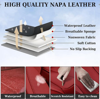 Coverado Universal Seat Covers Full Set, Universal Seat Covers for Cars, Waterproof Nappa Leather Car Seat Covers with Head Pillow, 5 Seats Auto Protectors Fit for Most Sedans SUV Pick-up Truck-Red