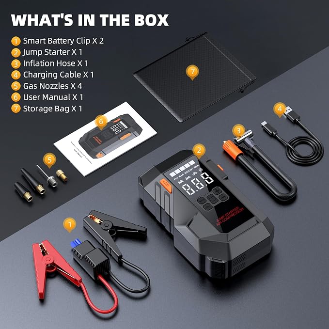 10-in-1 Portable Car Battery Jump Starter with Air Compressor, Jump Starter 6000A 26800mAh 160PSI (All Gas/12L Diesel), 12V Jump Box Car Battery Jumper Starter Portable Jumper Cables, Lights