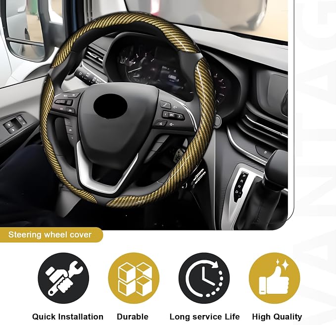 3pcs Universal Carbon Fiber Steering Wheel Cover - Anti-Slip & Segmented Design, Universal 99% Durable Steering Wheel Protector for Men and Women, Car Interior Accessory (Yellow)