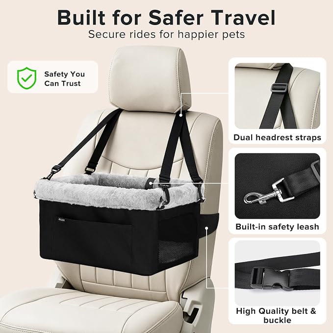 JOEJOY Deluxe Dog Booster Seat with Sturdy Metal Frame and Safety Leash for Small Pets up to 20 lbs - Portable Puppy Dog Car Seat with Thick Cushion and Storage Pockets for Small Dogs, Black
