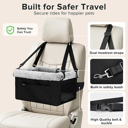 JOEJOY Deluxe Dog Booster Seat with Sturdy Metal Frame and Safety Leash for Small Pets up to 20 lbs - Portable Puppy Dog Car Seat with Thick Cushion and Storage Pockets for Small Dogs, Black