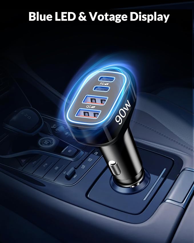 90W Fast Car Charger USB C, 2 Pack 4-Port Cigarette Lighter USB Charger Super Fast Charging, Multiport Car Phone Charger Accessories for iPhone 17/16/15/14/13/12 Pro Max, iPad, Galaxy, Tablet, Android