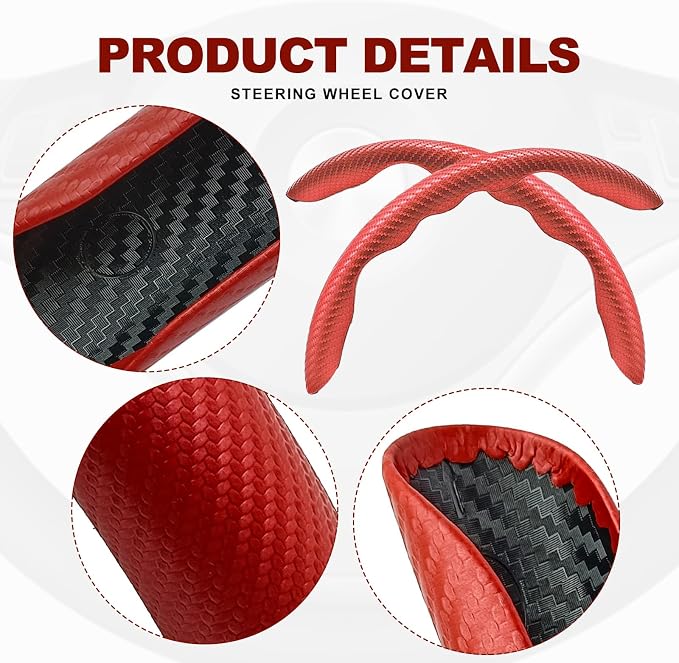 Universal Fit Carbon Fiber Steering Wheel Cover, Segmented Steering Wheel Protector, Carbon Fiber Anti-Skid Steering Wheel Cover Car Interior Accessories (2 Pcs Red)
