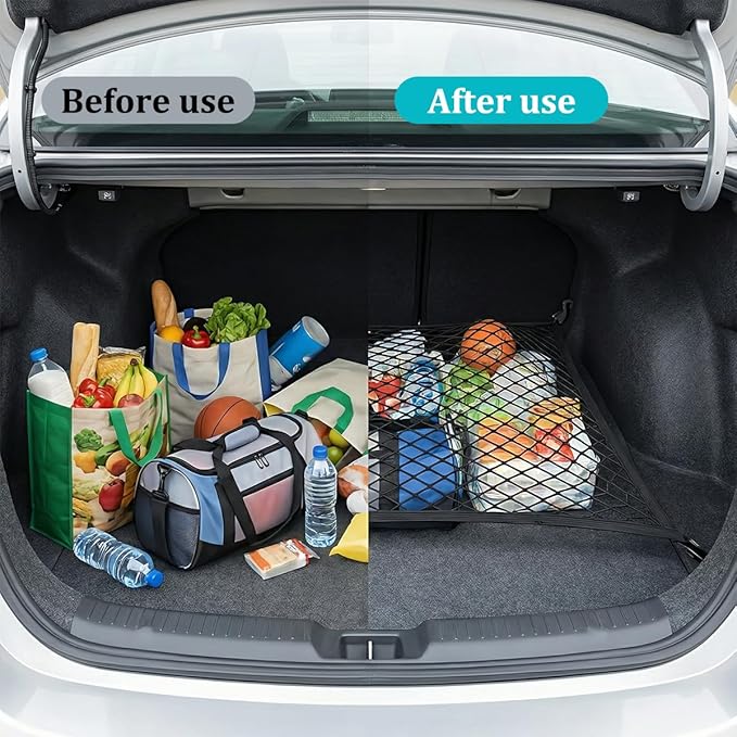 Car Cargo Net, 27.56" x 19.69" Elastic Stretchable Adjustable Vehicle Trunk Mesh Nets with Hook, Automotive Cargo Netting Storage Organizer, Universal for SUV Motorhome Lorry