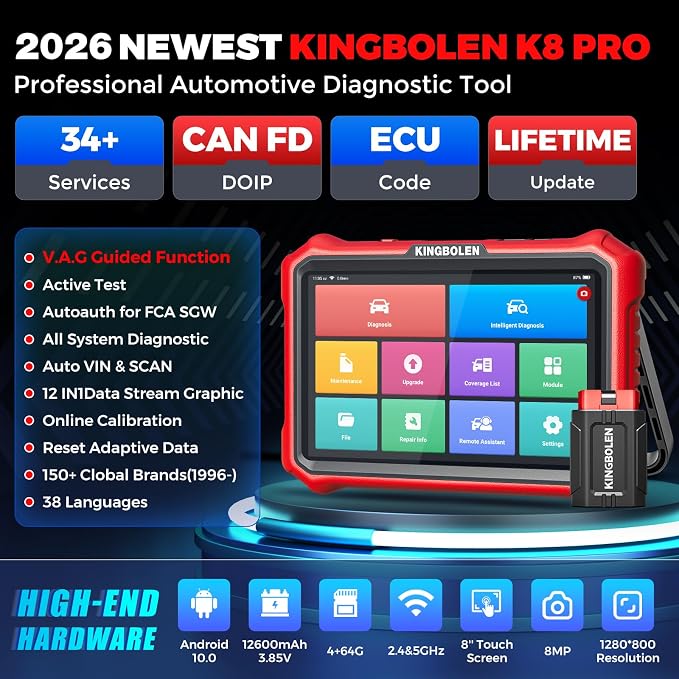 KINGBOLEN K8 Pro OBD2 Scanner Bluetooth 2026 Bidirectional Scan Tool with Lifetime No Subscription Update 8'' All System Diagnostic Tool, ECU Code, 34+ Reset, CANFD&DOIP, V.A.G Guide, FCA AutoAuth