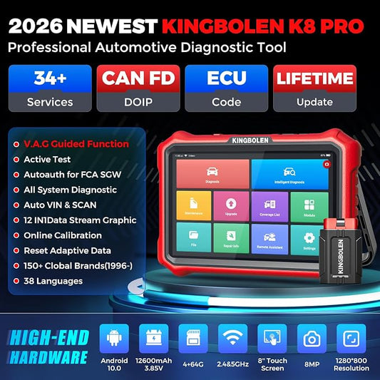 KINGBOLEN K8 Pro OBD2 Scanner Bluetooth 2026 Bidirectional Scan Tool with Lifetime No Subscription Update 8'' All System Diagnostic Tool, ECU Code, 34+ Reset, CANFD&DOIP, V.A.G Guide, FCA AutoAuth