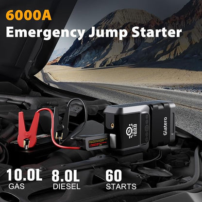 Q13 6000A Portable Car Jump Starter with Air Compressor 150PSI, Car Jumper Starter Portable(10.0L Gas/8.0L Diesel), 12V Jump Box with 3 Modes Flashlight & Jumper Cable, LCD Display Power Bank