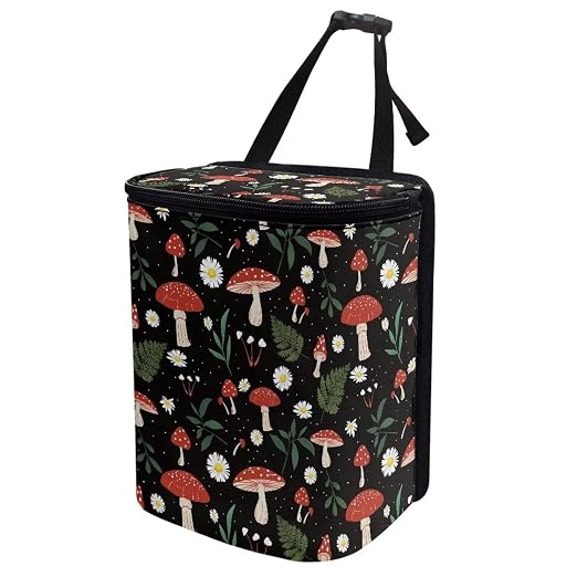 Car Trash Can with Lid and Zipper Boho Cottagecore Mushroom Ferns Print Leakproof Garbage Bag Hanging Back of Seat Auto Interior Accessories Portable Trash Bin Organizer and Storage Bag