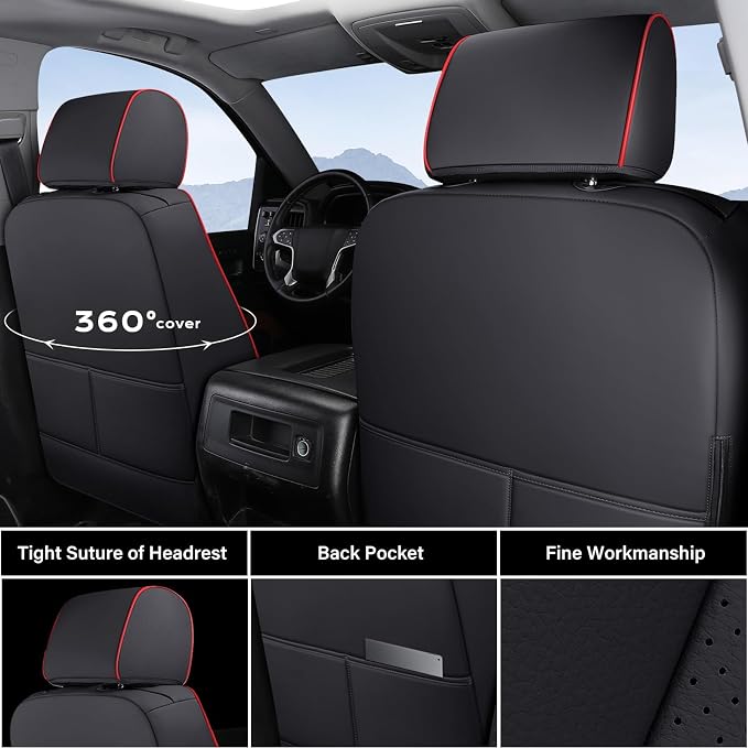 Coverado Chevy Silverado Seat Covers, Faux Leather Seat Covers Fit for Chevy Silverado GMC Sierra 2007-2025 1500, 2015-2025 2500HD 3500HD Crew Double Extended Cab (Front, Red)