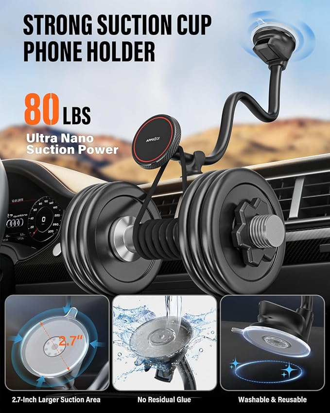 APPS2Car for MagSafe Car Mount for Dad, Magnetic Phone Holder for Car Upgraded 14-Inch Long Arm Suction Cup, Windshield Phone Mount fits iPhone 17 Pro Max Plus 16 15 14 13 12 Mini