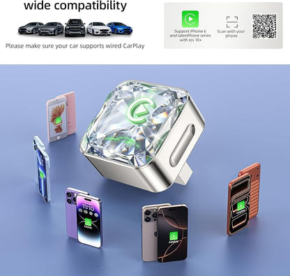 Wireless Apple CarPlay Adapter, 5.8G Quad-Core Chip No Latency, Aerospace Silicone Cooling, Zn-Alloy & Diamond Panel, Plug & Play Wired to Wireless CarPlay Adapter