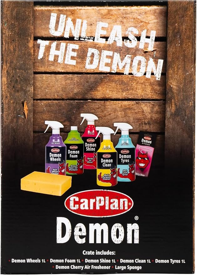 CarPlan Demon Car Wash Kit - 7 Piece Set Includes Car Wash Soap, Wheel Cleaner, Tire Shine, Interior Cleaner, Demon Shine, Air Freshener & Sponge