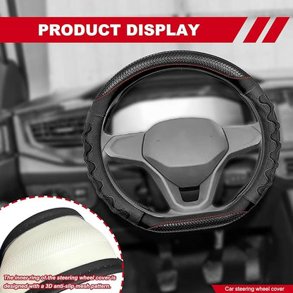 D Shaped 14.5-15 Inch Steering Wheel Cover, 3D Honeycomb Anti-Slip Design with Great Grip, Flat Bottom Comfy Car Steering Wheel Protector (Black)