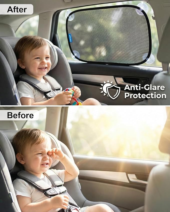 PEMOTech Car Window Shades for Baby【8 Suction Cups & Static Cling】 2 Pack-21"x14" Side Window Cover for Child,Certified Sunshades for Kids to Block 99.9% UVR, Sun Shade Universal Fit Most of Cars