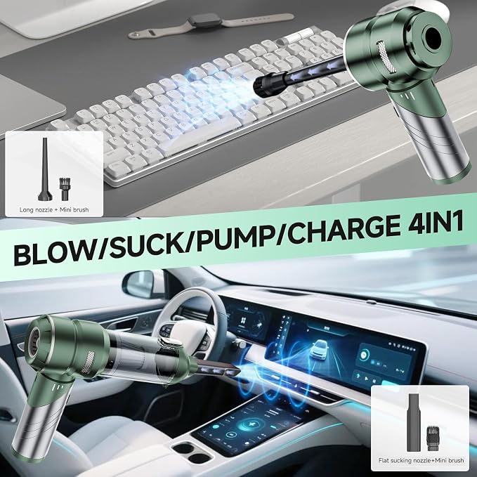 Car Vacuum Portable Cordless 22000PA High Power Handheld Mini Vacuum Cleaner Rechargeable Foldable with Brushless Motor Air Blower Duster Pump for Car Home Office Pet (Green)