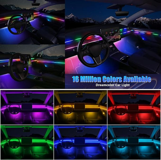 Dreamcolor Acrylic Interior Car LED Strip Light with Wireless APP, RGB 14 in 1 with 175 inches 600 LEDs Fiber Optic Car Ambient Lighting Kits, Music Sync Function Neon LED Strip for Car Accessories
