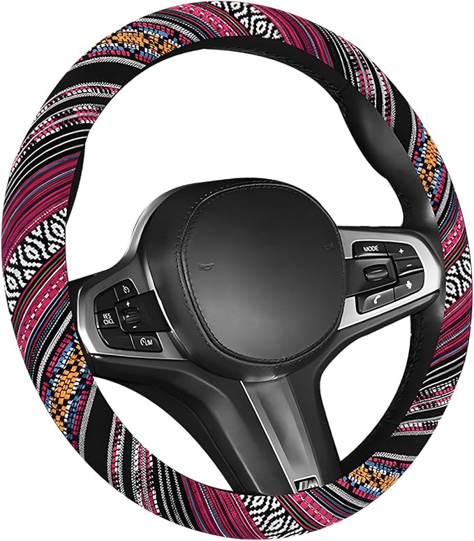 Boho Car Steering Wheel Cover, Ethnic Style Anti-Slip Coarse Flax Cloth Auto Wheel Cover, Bohemian Steering Wheel Protector for Most SUVs Vans Trucks, Car Accessories (Style J)