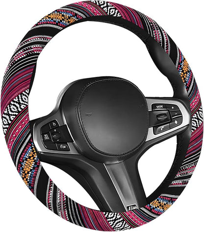 Boho Car Steering Wheel Cover, Ethnic Style Anti-Slip Coarse Flax Cloth Auto Wheel Cover, Bohemian Steering Wheel Protector for Most SUVs Vans Trucks, Car Accessories (Style J)