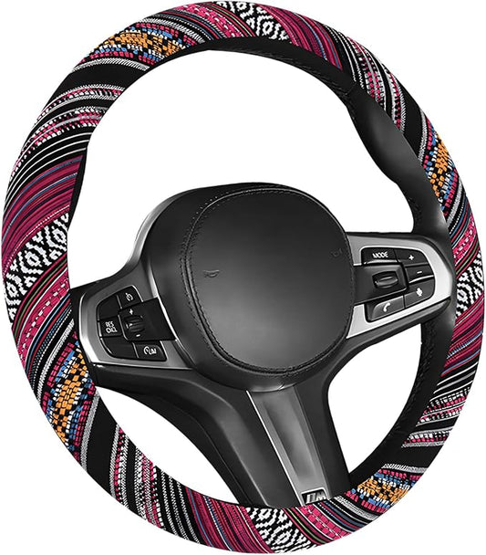 Boho Car Steering Wheel Cover, Ethnic Style Anti-Slip Coarse Flax Cloth Auto Wheel Cover, Bohemian Steering Wheel Protector for Most SUVs Vans Trucks, Car Accessories (Style J)