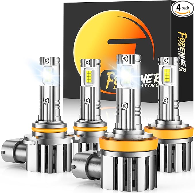 FORENNER 2026 Upgrade H11 9005 Light Bulbs Combo, 900% Super Brightness 6500k Cool White, 1:1 Mini Size, Plug & Play, H11/H9/H8 9005/HB3 Bulbs, 10 Years Longer Lifespan, IP68 Waterproof, Pack Of 4