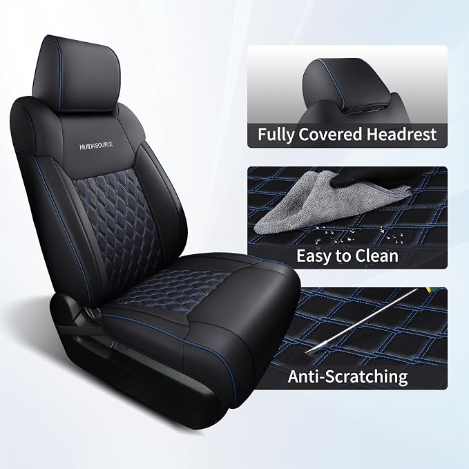 Huidasource Dodge Ram Seat Covers Full Set, Full Coverage Waterproof Leather Pickup Truck Seat Cushion Protector Fit for 2009-2018 1500, 2010-2025 2500/3500 Crew Mega Cab(Full Set/Black&Blue)