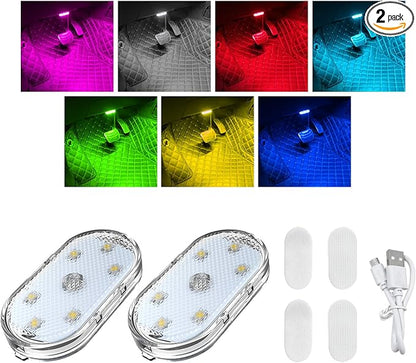 Wevdn 2 PCS Car LED Lights Interior Wireless, Sticky Car Ambient Lighting with 6 Bright LED Lamp Beads, Portable USB Rechargeable Vehicle Interior Led Night Light for Car (Colorful)
