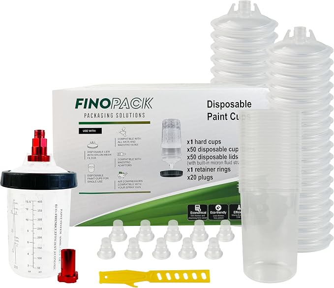 ENDOZER Disposable Paint Cup 50 Pack 13.5 Ounce(400ML) Mixing Cups for Automotive Spray Gun with 50 Liners and Lids System, 1 Hard Cup with Retainer Ring, 20 Plugs, 2 Adapters for Paint Gun