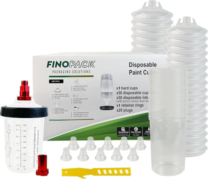 ENDOZER Disposable Paint Cup 50 Pack 13.5 Ounce(400ML) Mixing Cups for Automotive Spray Gun with 50 Liners and Lids System, 1 Hard Cup with Retainer Ring, 20 Plugs, 2 Adapters for Paint Gun