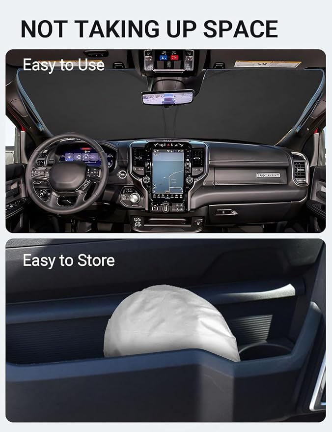 Proadsy 2026 Upgrade Windshield Sun Shade Custom Fit Dodge RAM 2500 3500 2010-2025 2026 4-Layer Foldable Front Sunshade Protector Sun Visor Blocks UV Rays Keep Car Cooler