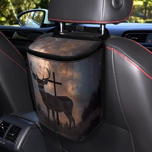 Talayituse Galaxy Deer Cross Print Car Trash Bin, Large Size Auto Trash Can Adjustable Portable Garbage Can with Lid, Vehicle Hanging Bag for Headrest Front Back Seat