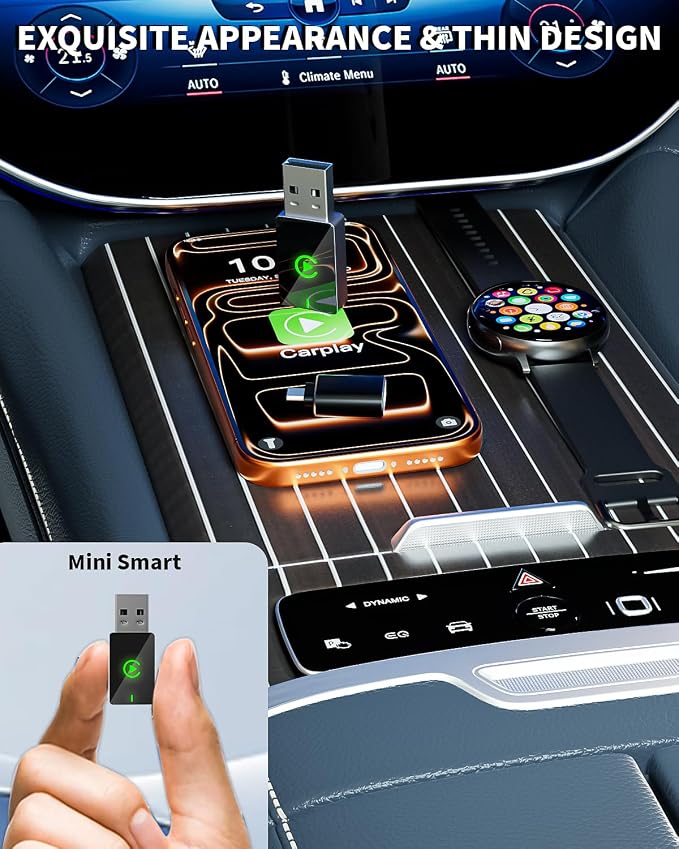 Wireless CarPlay Adapter for Apple iPhone,Compact Design Car Play Adapter Convert Wired Apple CarPlay to Wireless with USB/USB C Port,Plug and Play,Fast and Stable Connection Compatible with iOS 10+