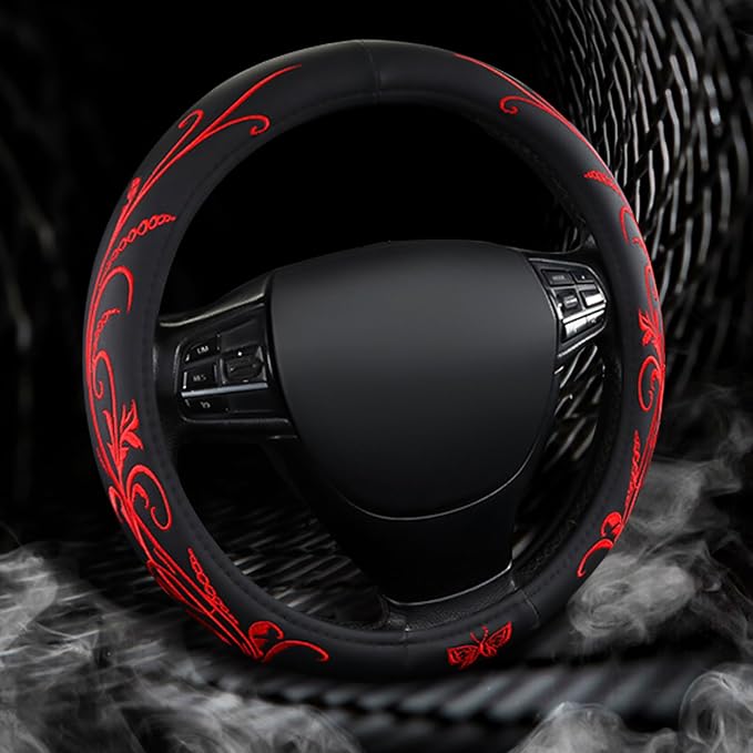 Red Embroidery Butterfly Car Steering Wheel Cover,14.5-15 Inch Universal Leather Covers Breathable Anti-Slip Odorless Steering Wheels Accessories for Men Women