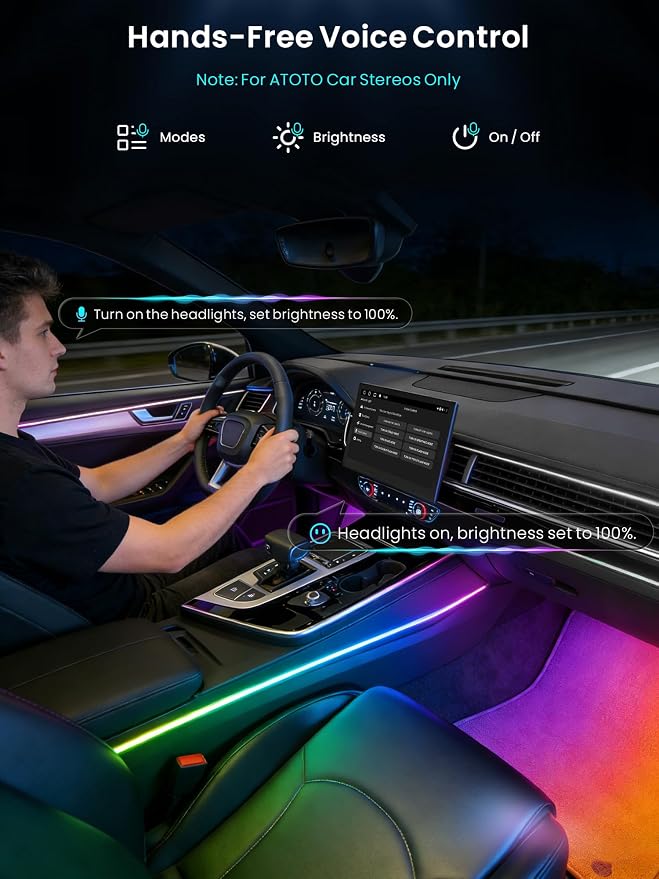 Car LED Lights Interior, 16M Colors APP & CarPlay Control, Music Sync Ambient Lighting Kit, Auto-On/Off，Voltage Protection, Brightness Dimmer 12V DC LED Strip Lights for Car, Truck, SUV